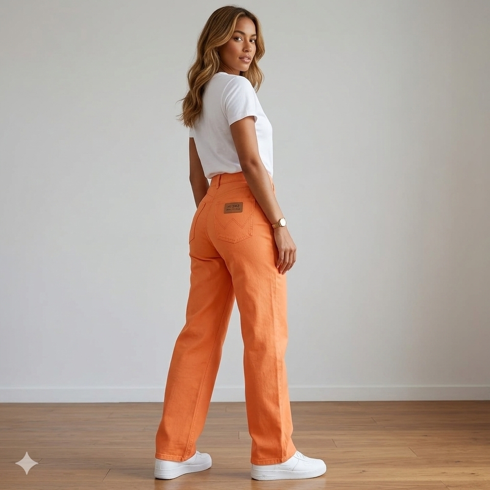 Shein Size 10 Jeans 100% Cotton Denim Orange Wide Straight Leg Pants High Rise - Picture 4 of 11
